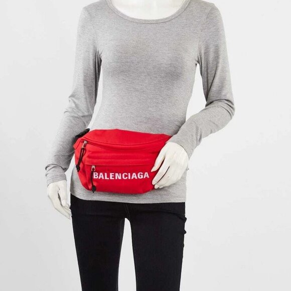 Balenciaga Red Recycled Nylon Logo Embroidered Wheel Belt Bag - Picture 2 of 12